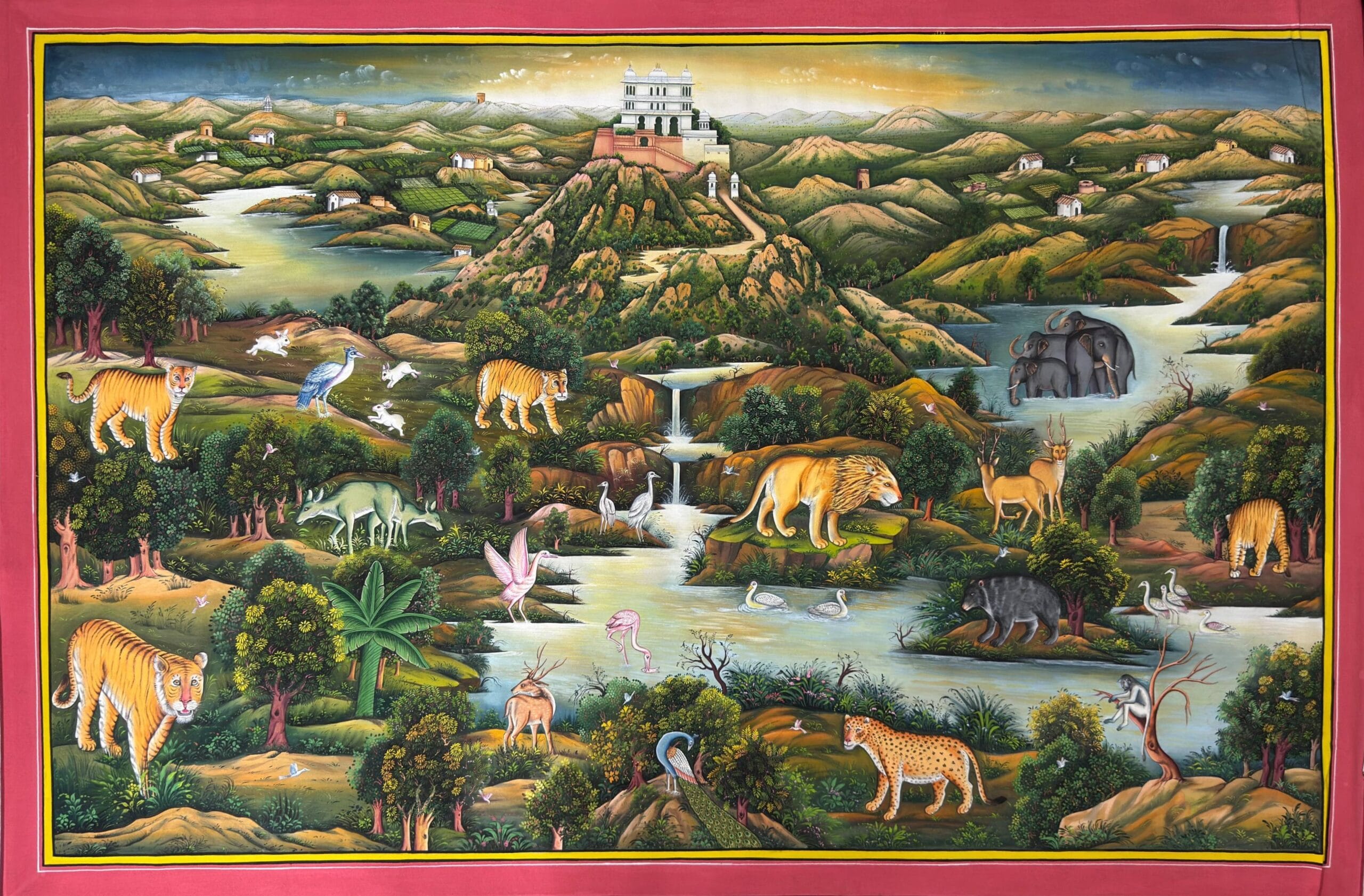 Hand-Painted Indian Miniature Painting - Traditional Rajasthani Forest Landscape for Luxury Wall Decor